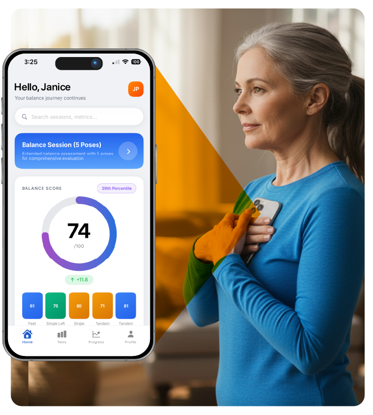 Woman holding phone showing Balance Matters app