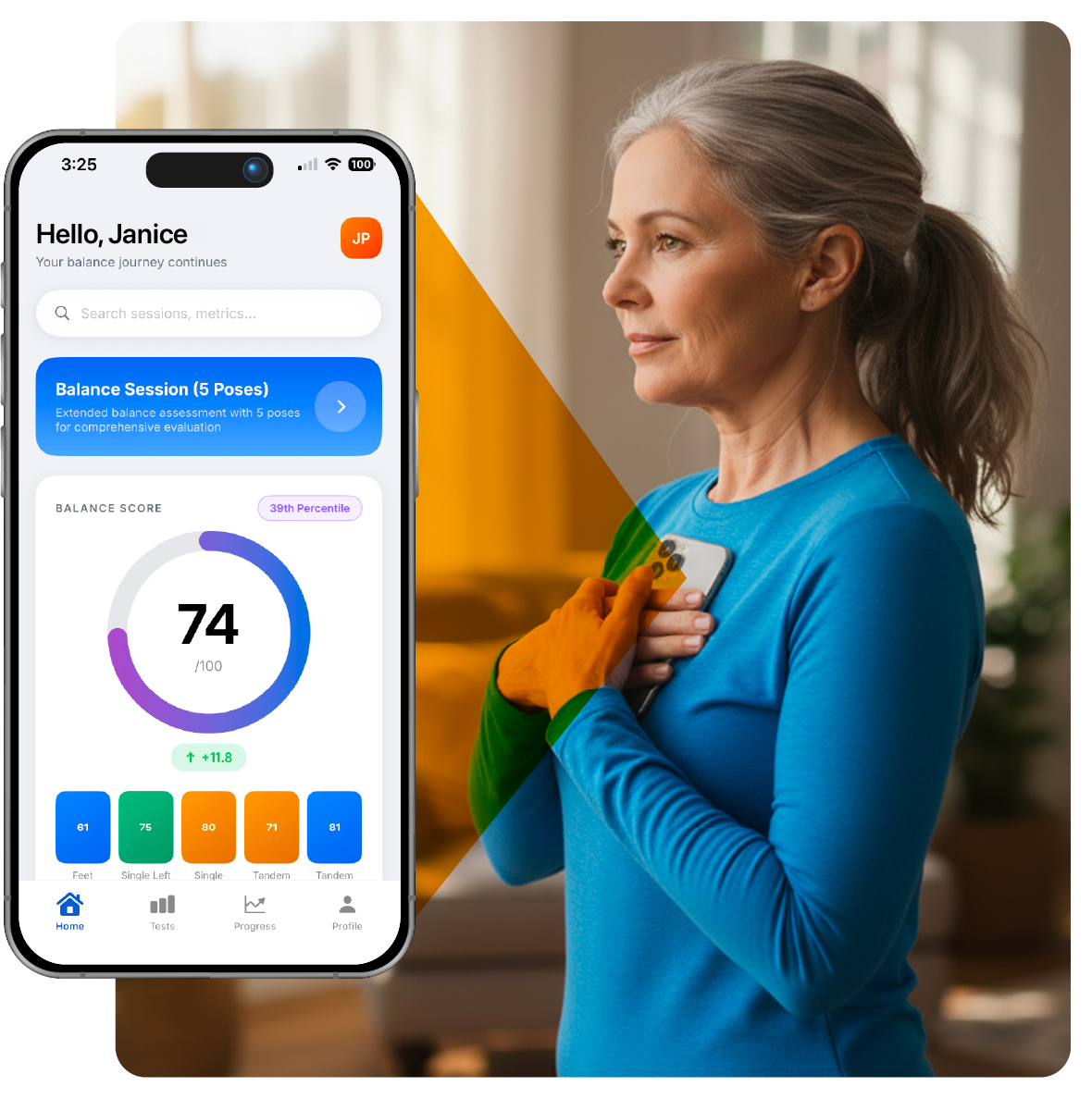 Balance Matters app showing a balance score of 74, with a woman holding her phone to her chest