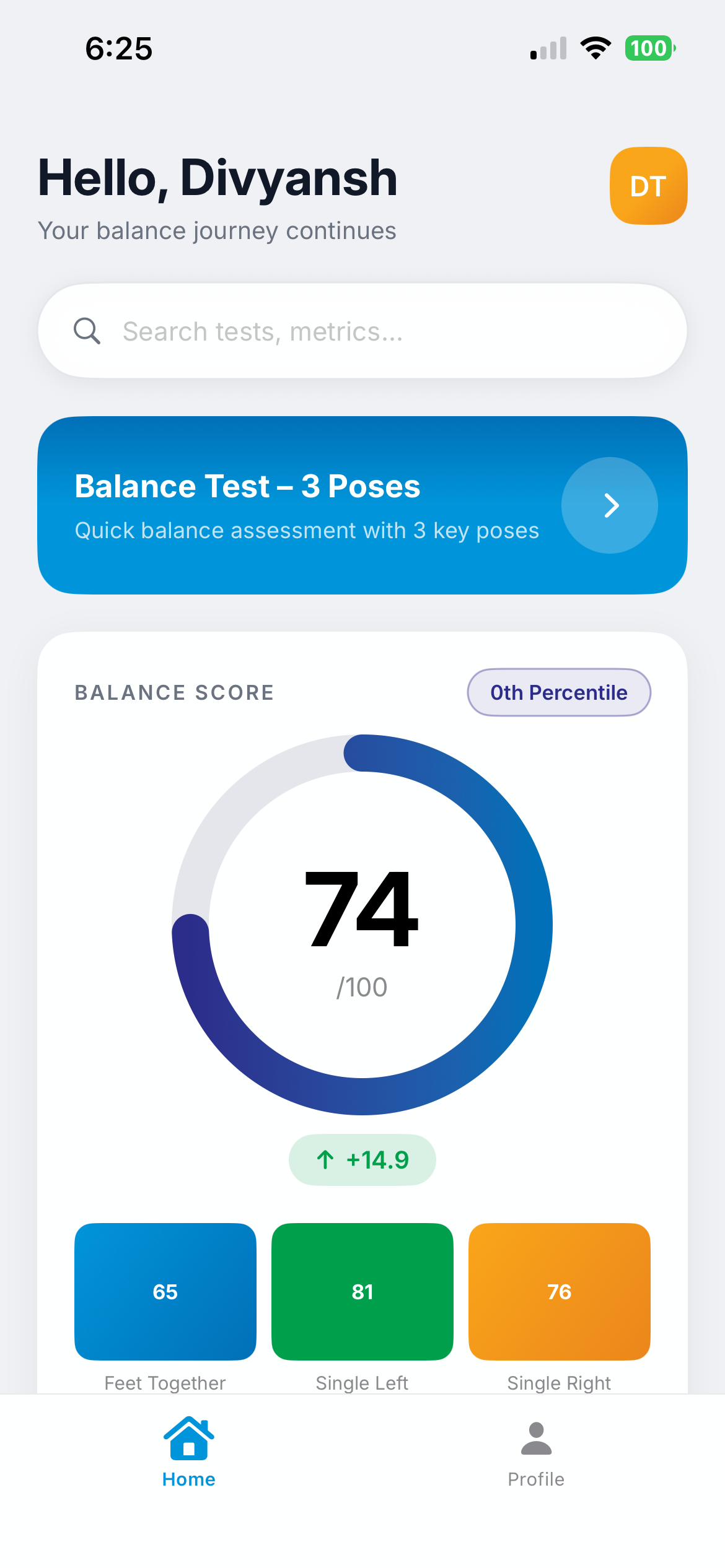 Active test screen showing left foot forward pose